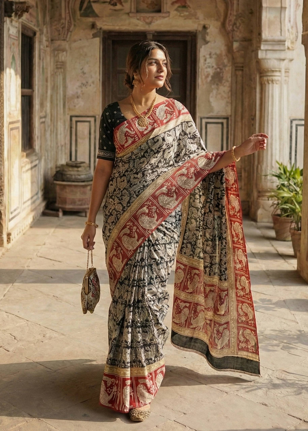 KALAMKARI PURE MULMUL COTTON BLACK SAREE WITH BLOUSE