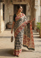 KALAMKARI PURE MULMUL COTTON BLACK SAREE WITH BLOUSE