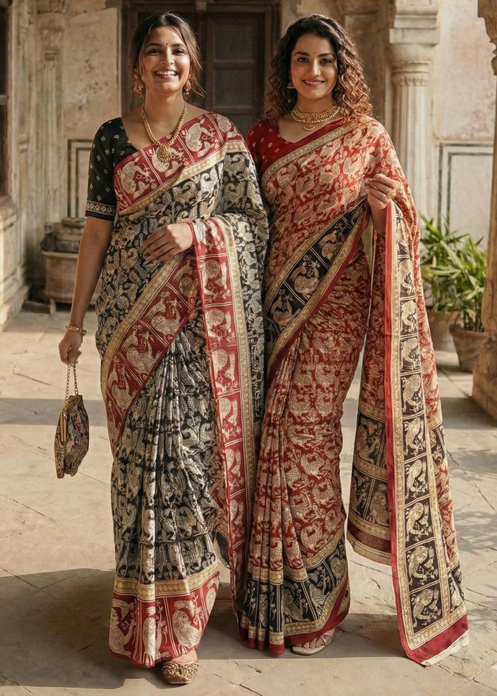KALAMKARI PURE MULMUL COTTON BLACK SAREE WITH BLOUSE