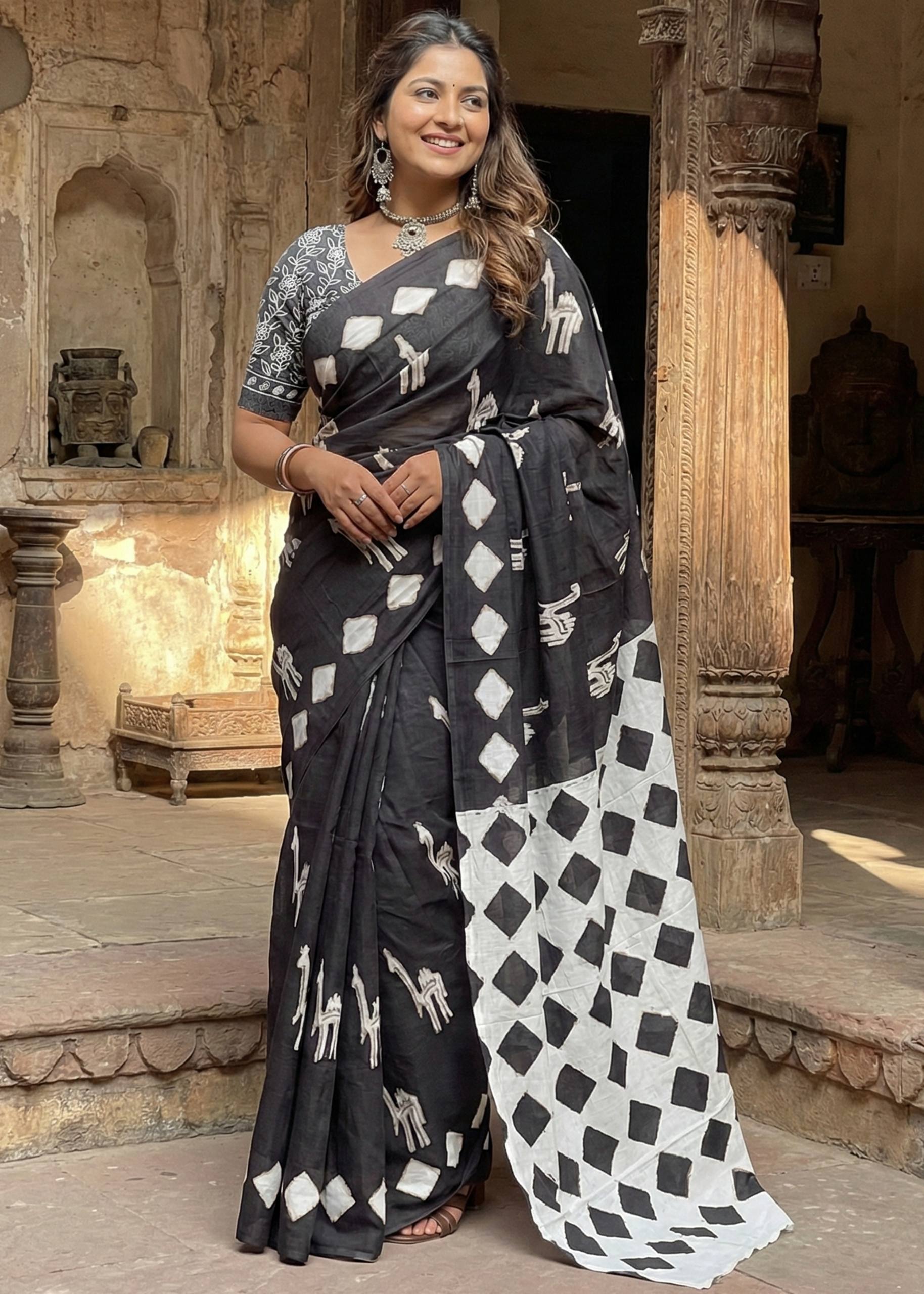 PURE SOFT COTTON CEMAL PRINT BLACK SAREE WITH BLOUSE