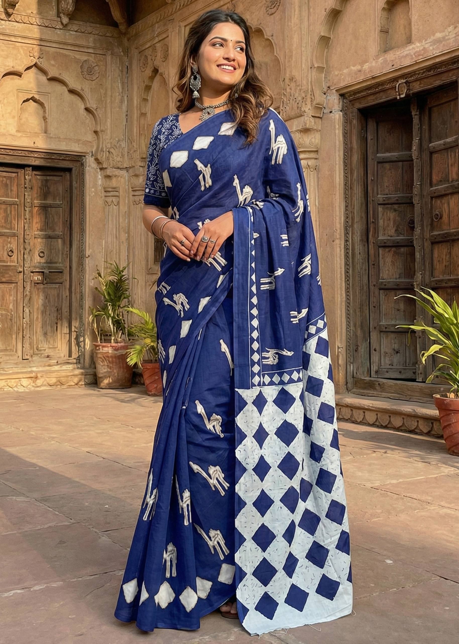 PURE SOFT COTTON CEMAL PRINT BLUE SAREE WITH BLOUSE