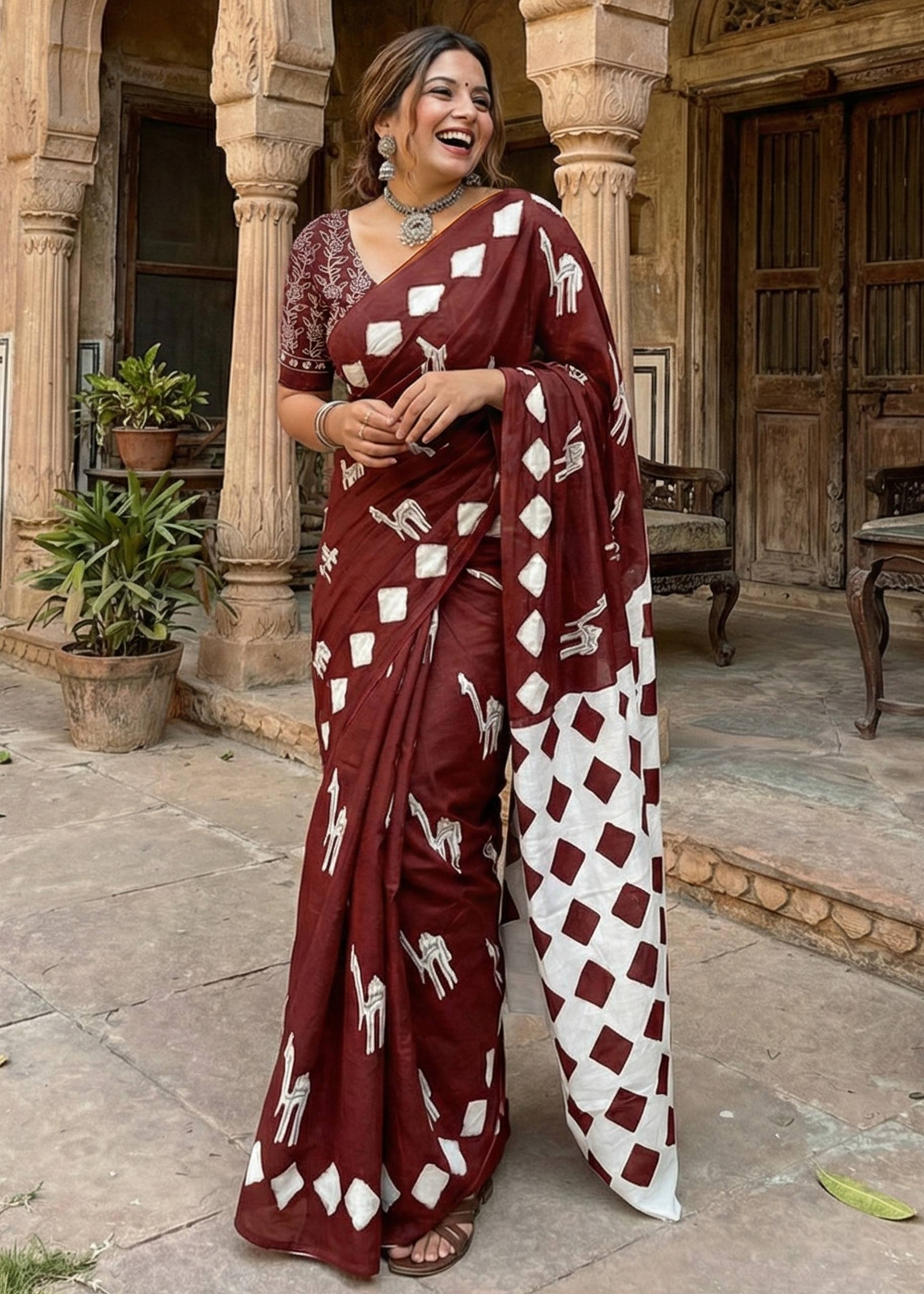 PURE SOFT COTTON CEMAL PRINT MAROON SAREE WITH BLOUSE