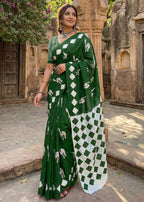 PURE SOFT COTTON CEMAL PRINT GREEN SAREE WITH BLOUSE