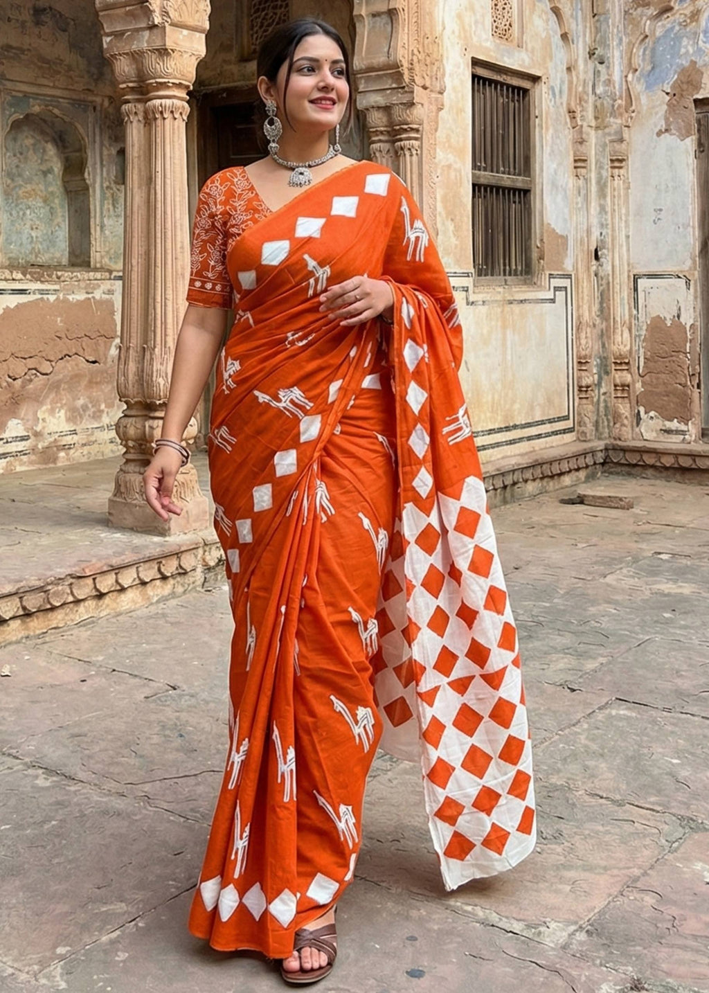 PURE SOFT COTTON CEMAL PRINT ORANGE SAREE WITH BLOUSE