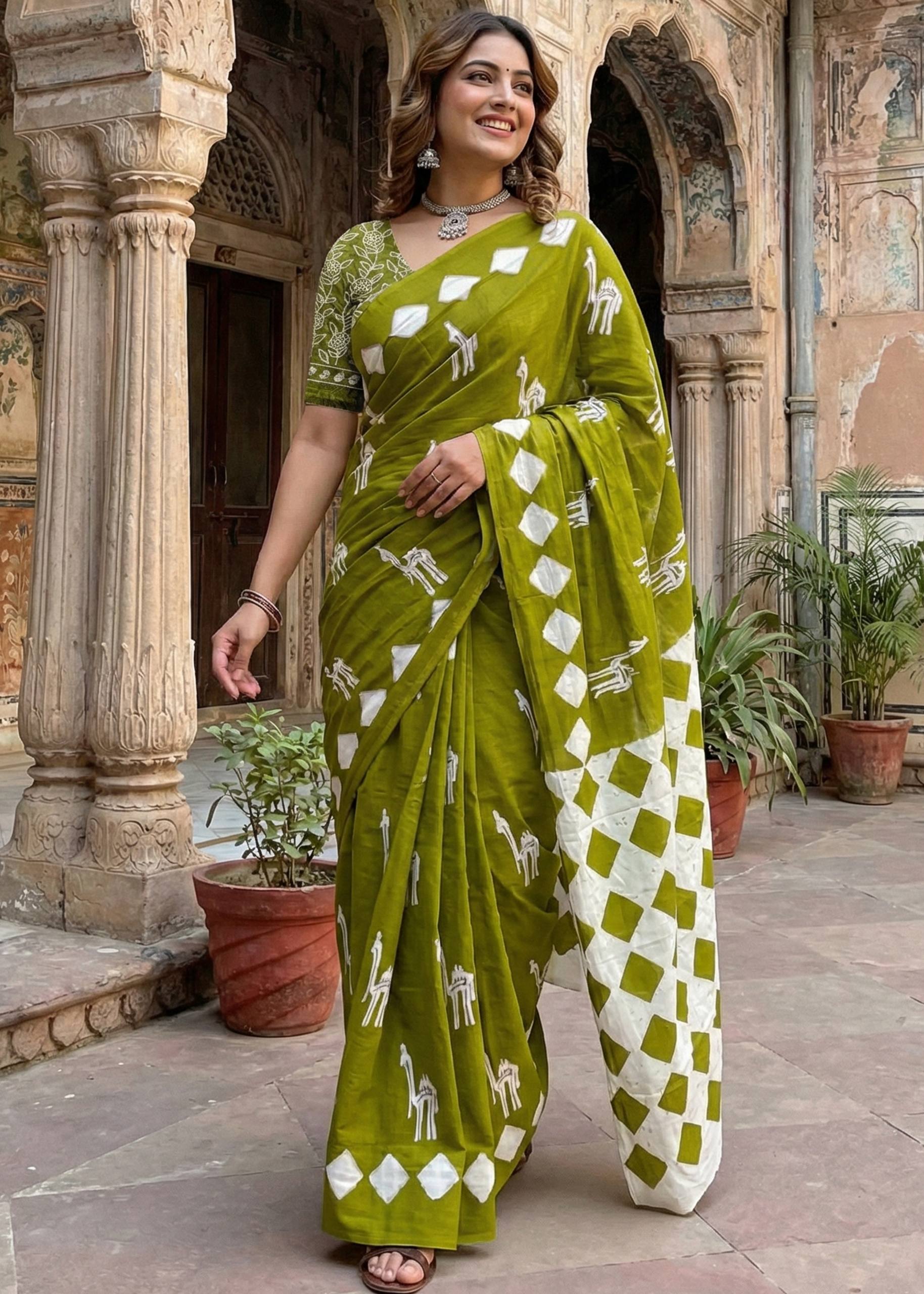 PURE SOFT COTTON CEMAL PRINT MEHANDI GREEN SAREE WITH BLOUSE