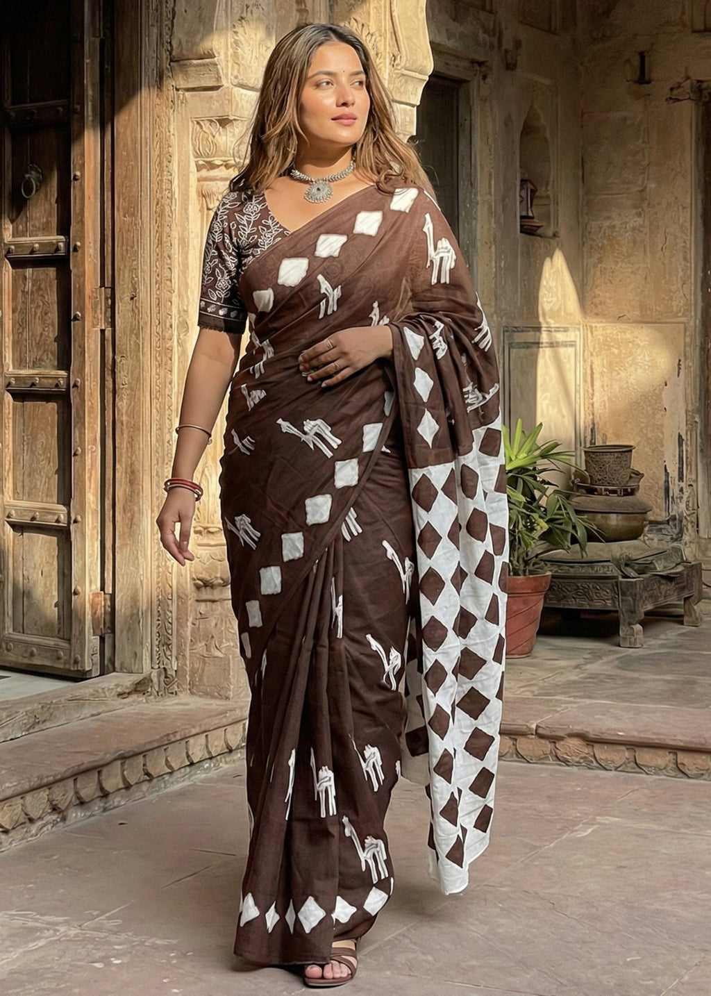 PURE SOFT COTTON CEMAL PRINT BROWN SAREE WITH BLOUSE