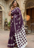 PURE SOFT COTTON CEMAL PRINT PURPLE SAREE WITH BLOUSE