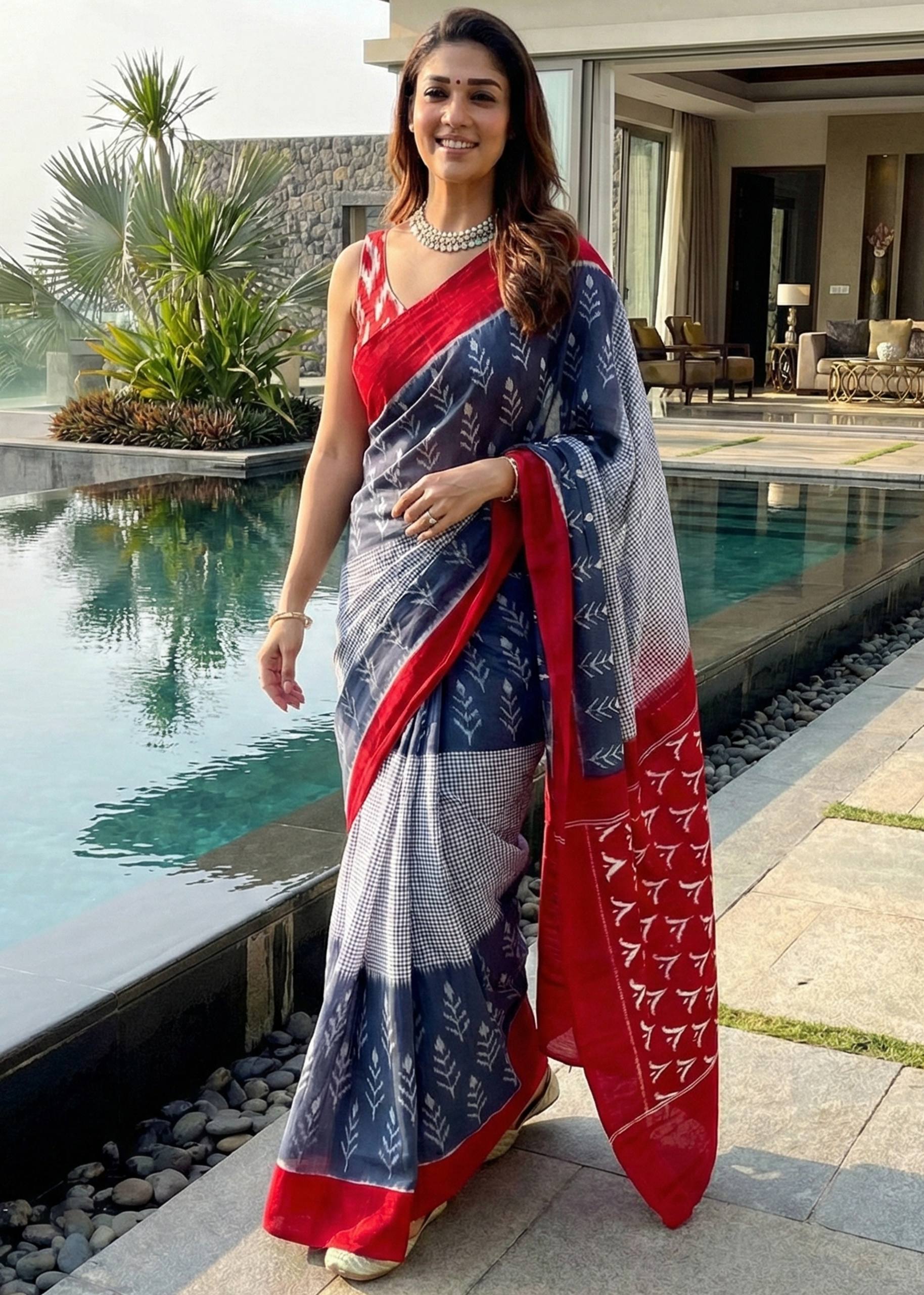 PURE SOFT COTTON IKKAT PRINT NEVY BLUE SAREE WITH BLOUSE