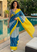 PURE SOFT COTTON IKKAT PRINT BLUE SAREE WITH BLOUSE
