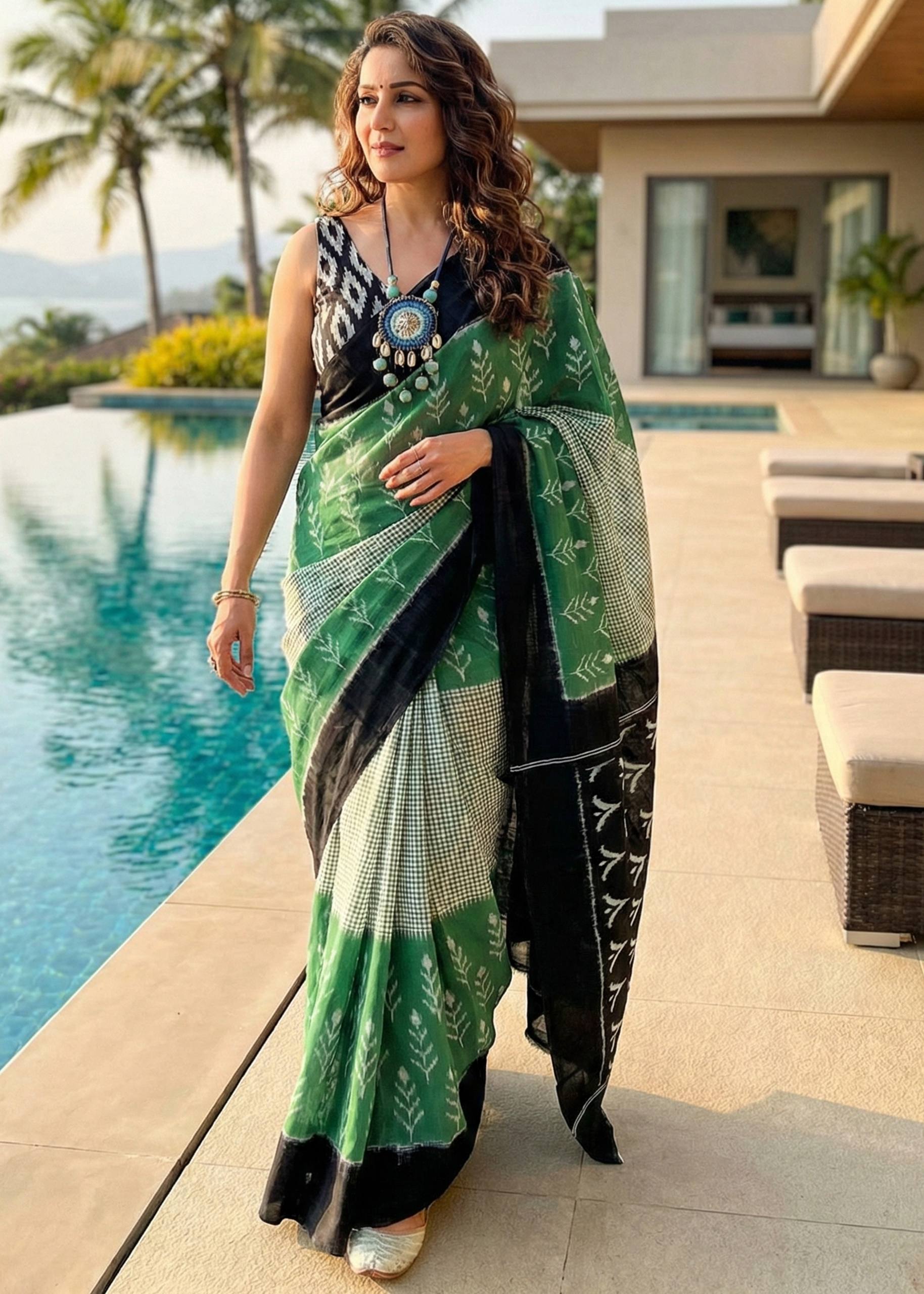PURE SOFT COTTON IKKAT PRINT GREEN SAREE WITH BLOUSE