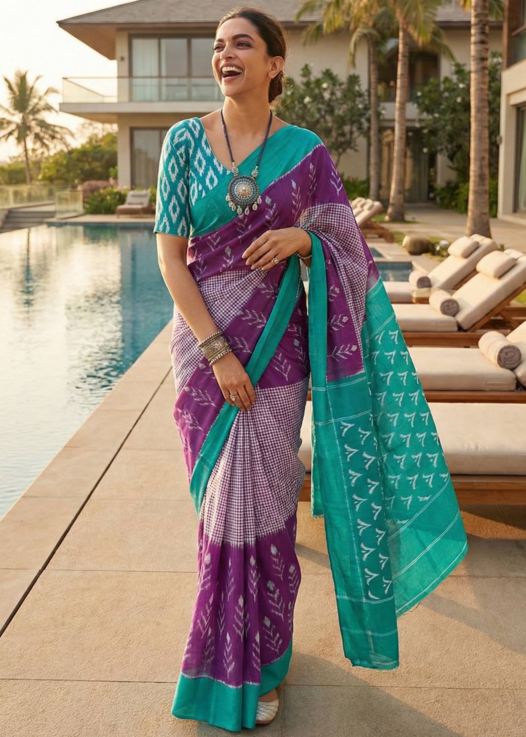 PURE SOFT COTTON IKKAT PRINT PURPLE SAREE WITH BLOUSE