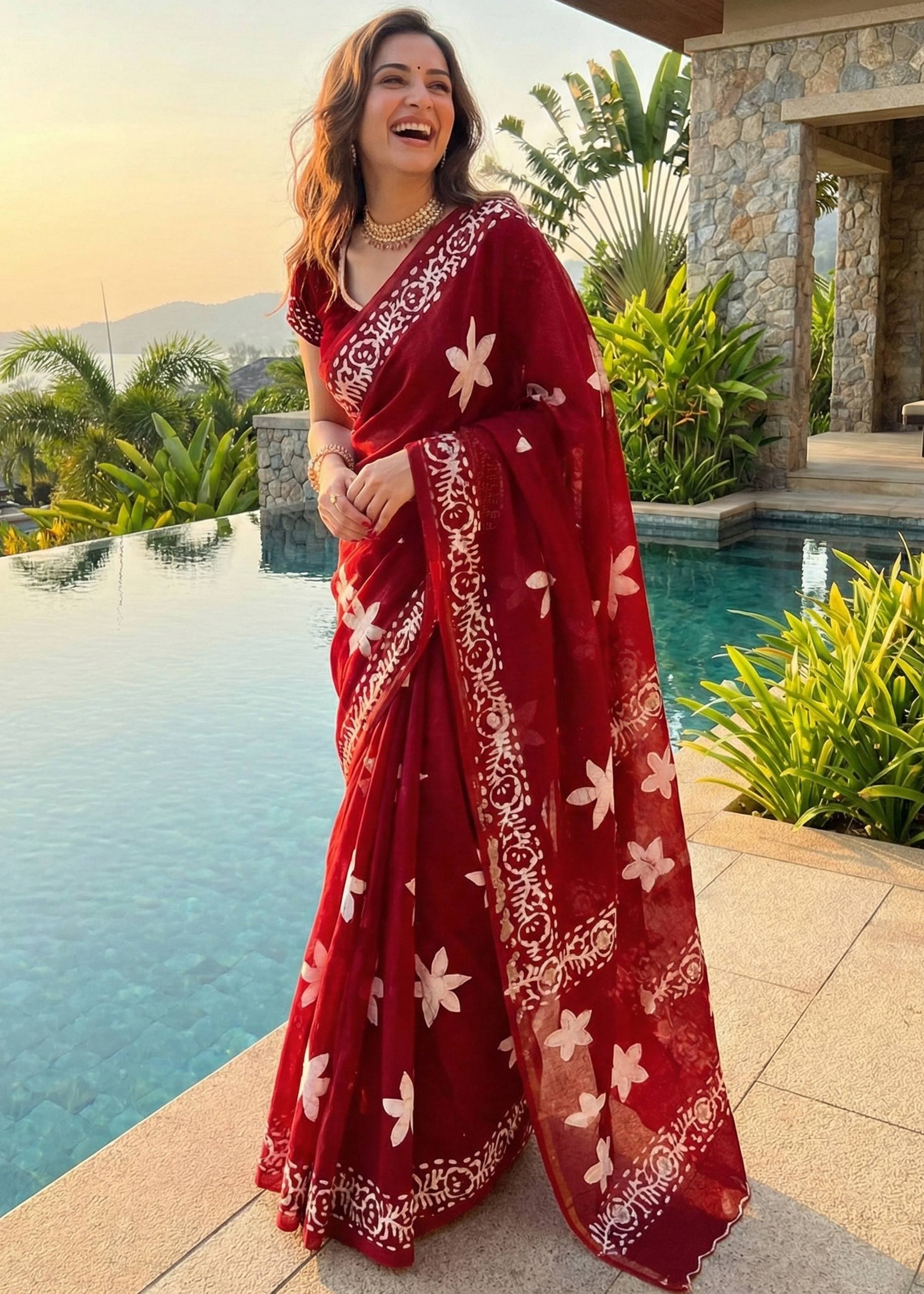 PURE SOFT COTTON CHUNRI BLOCK PRINT RED SAREE WITH BLOUSE