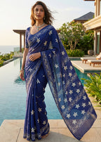 PURE SOFT COTTON CHUNRI BLOCK PRINT BLUE SAREE WITH BLOUSE