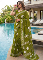 PURE SOFT COTTON CHUNRI BLOCK PRINT MEHANDI GREEN SAREE WITH BLOUSE