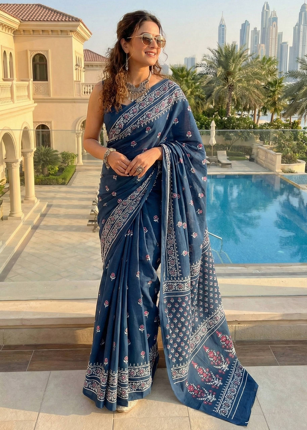 PURE SOFT COTTON BAGRU PRINT NEVY BLUE SAREE WITH BLOUSE