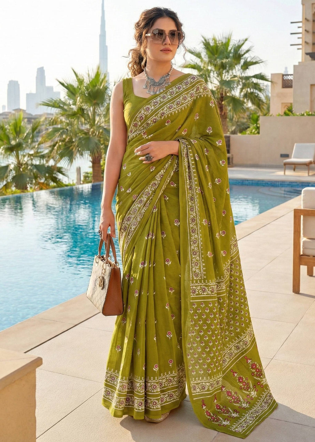 PURE SOFT COTTON BAGRU PRINT MEHANDI GREEN SAREE WITH BLOUSE
