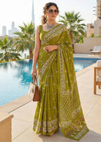 PURE SOFT COTTON BAGRU PRINT MEHANDI GREEN SAREE WITH BLOUSE