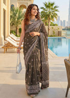 PURE SOFT COTTON BAGRU PRINT BROWN SAREE WITH BLOUSE