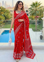 PURE SOFT COTTON BAGRU PRINT RED SAREE WITH BLOUSE