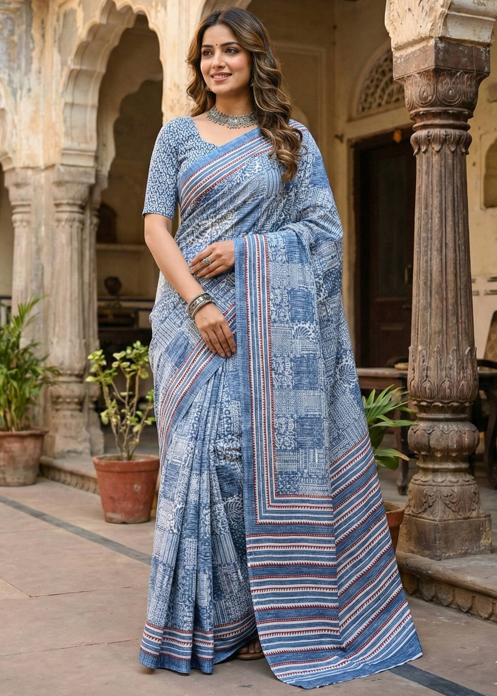 PURE SOFT COTTON BAGRU PRINT BLUE SAREE WITH BLOUSE