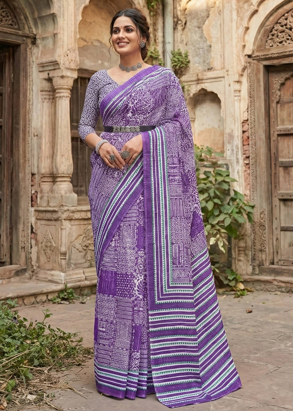 PURE SOFT COTTON BAGRU PRINT PURPLE SAREE WITH BLOUSE