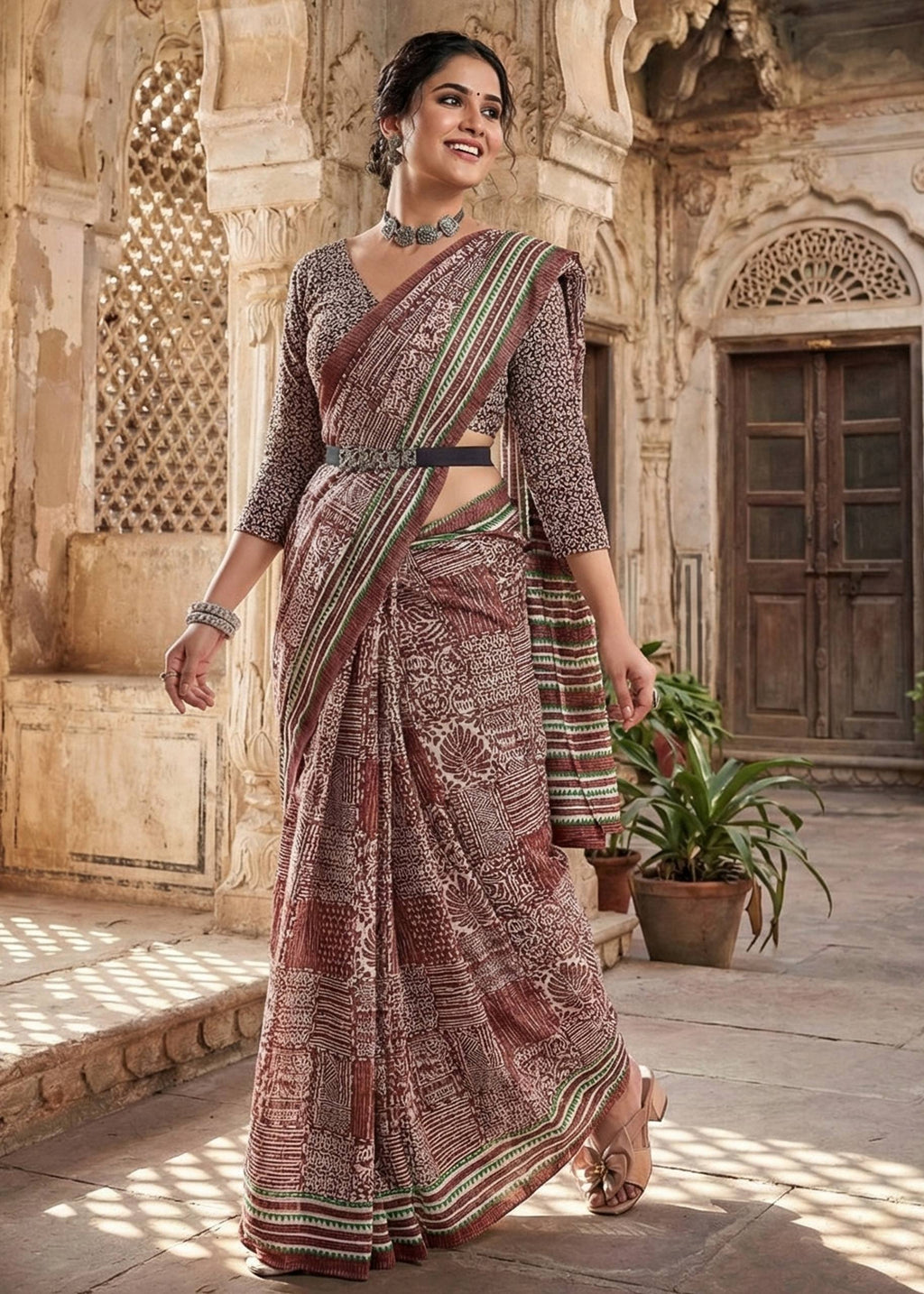 PURE SOFT COTTON BAGRU PRINT BROWN SAREE WITH BLOUSE