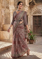 PURE SOFT COTTON BAGRU PRINT BROWN SAREE WITH BLOUSE