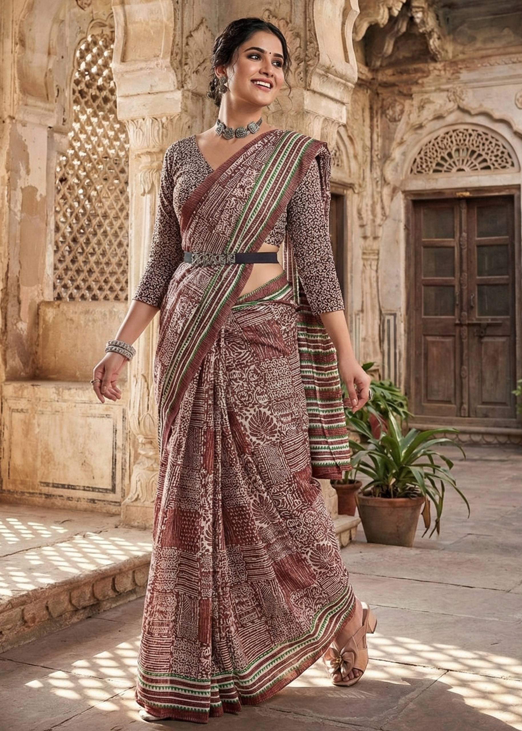 PURE SOFT COTTON BAGRU PRINT BROWN SAREE WITH BLOUSE