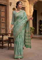 PURE SOFT COTTON BAGRU PRINT GREEN SAREE WITH BLOUSE