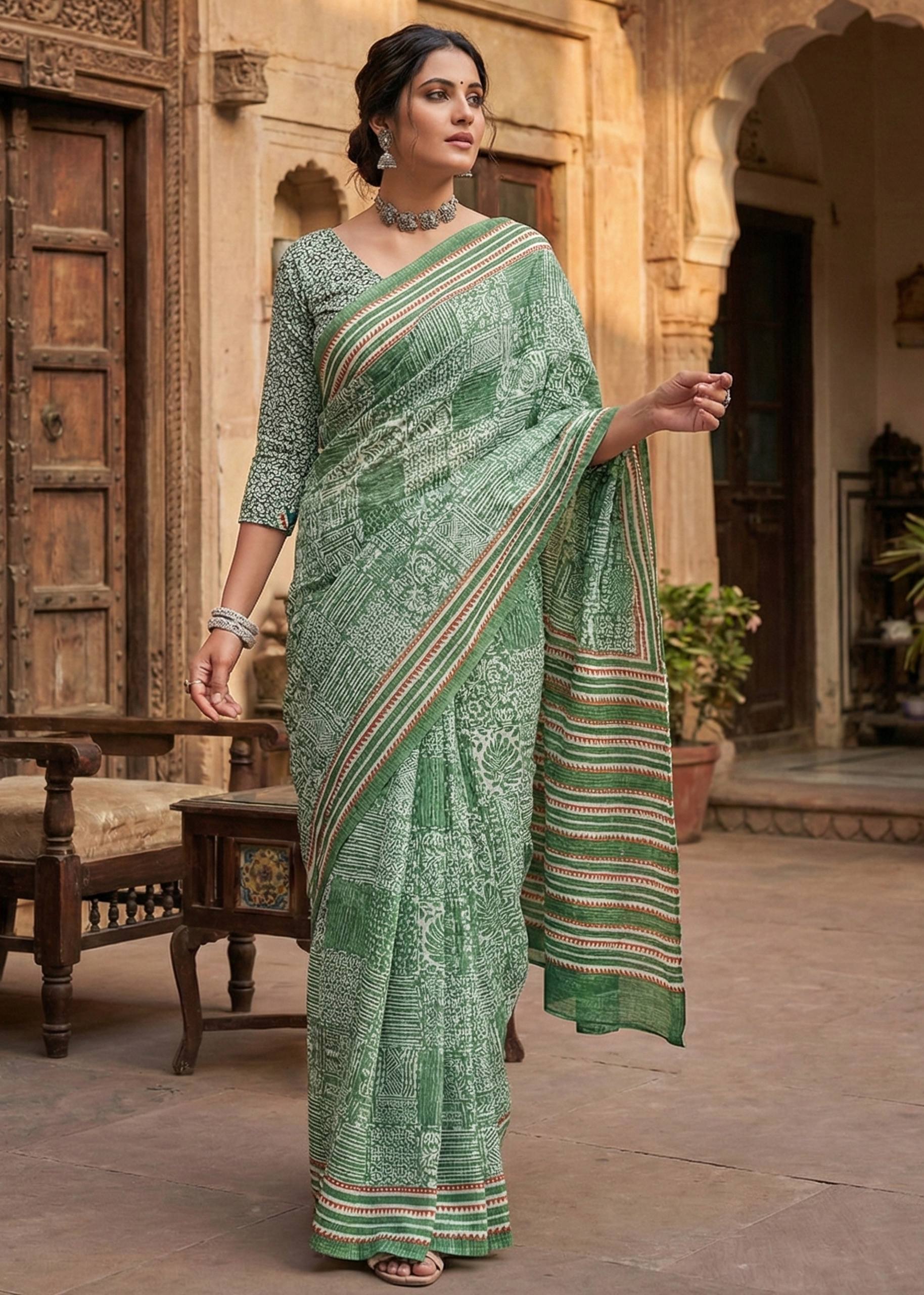 PURE SOFT COTTON BAGRU PRINT GREEN SAREE WITH BLOUSE