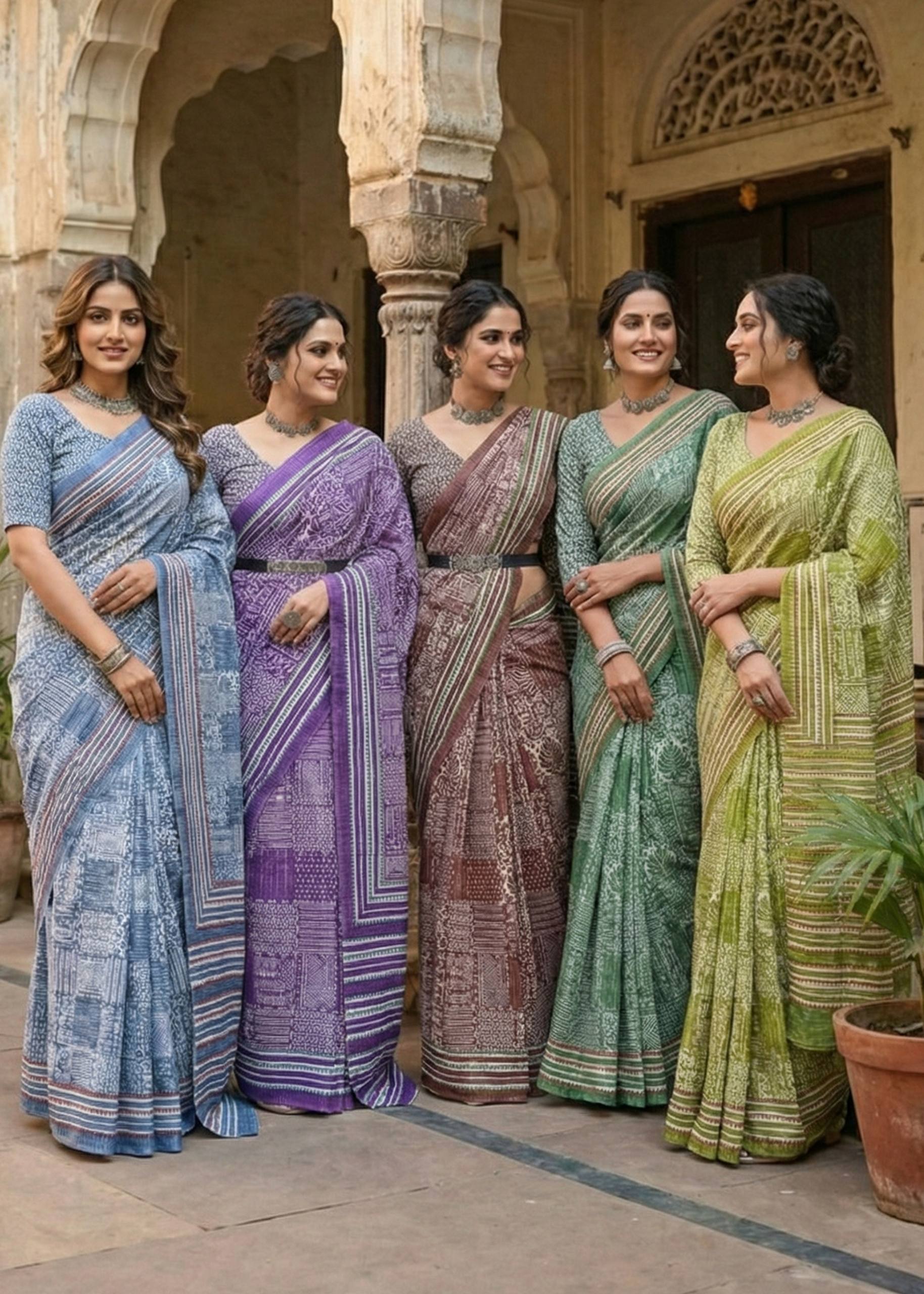 PURE SOFT COTTON BAGRU PRINT GREEN SAREE WITH BLOUSE