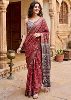 RANGT PURE SOFT COTTON BANDHANI AND AJRAK BLOCK PRINT RED SAREE WITH BLOUSE