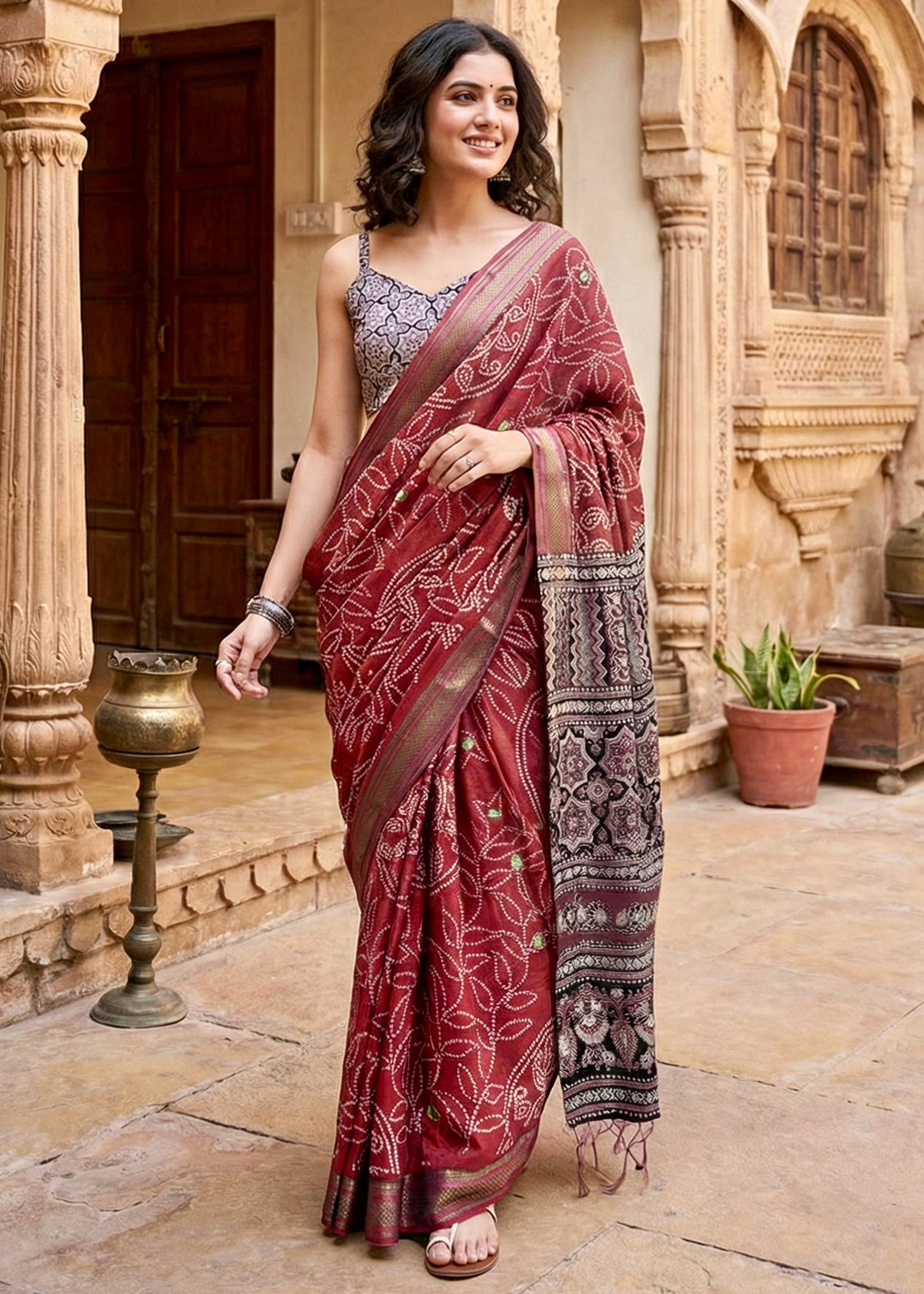 RANGT PURE SOFT COTTON BANDHANI AND AJRAK BLOCK PRINT RED SAREE WITH BLOUSE