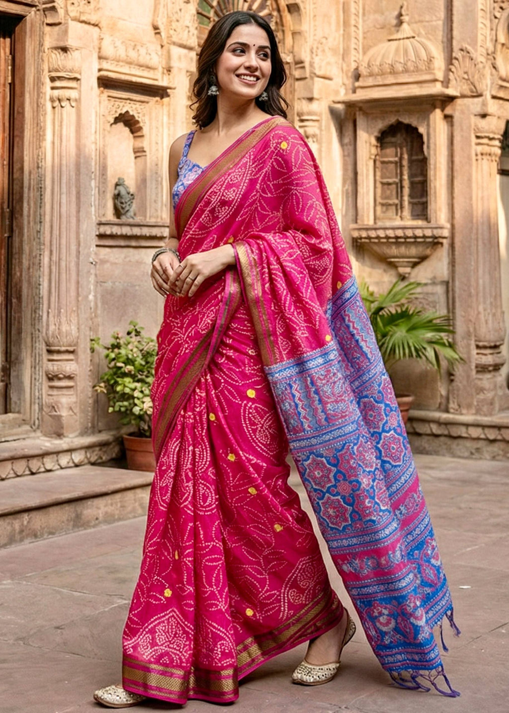 RANGT PURE SOFT COTTON BANDHANI AND AJRAK BLOCK PRINT PINK SAREE WITH BLOUSE