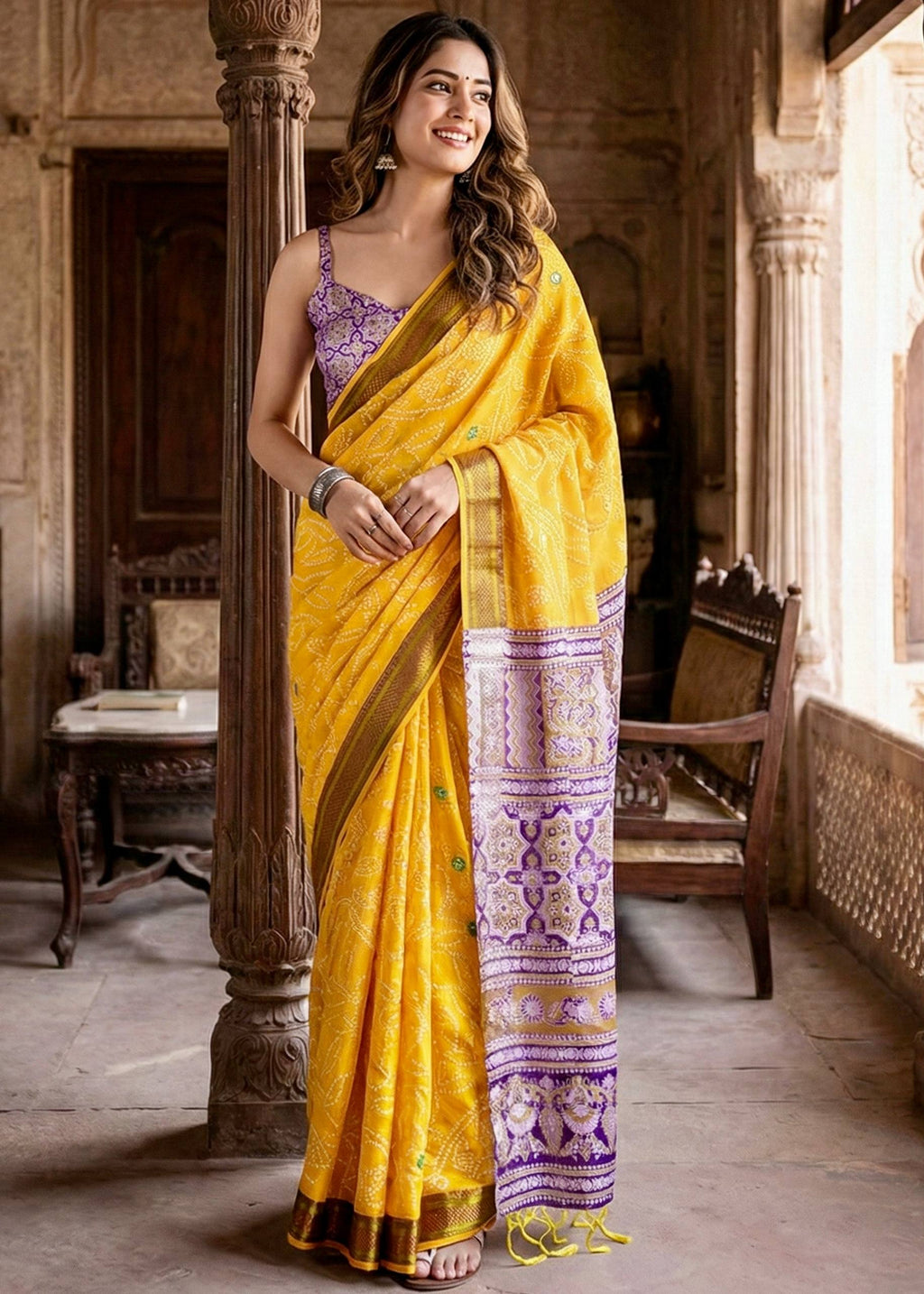 RANGT PURE SOFT COTTON BANDHANI AND AJRAK BLOCK PRINT YELLOW SAREE WITH BLOUSE