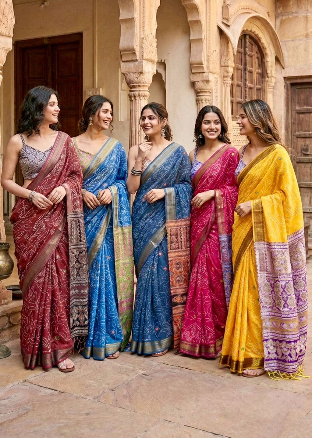 RANGT PURE SOFT COTTON BANDHANI AND AJRAK BLOCK PRINT BLUE AND GREEN SAREE WITH BLOUSE