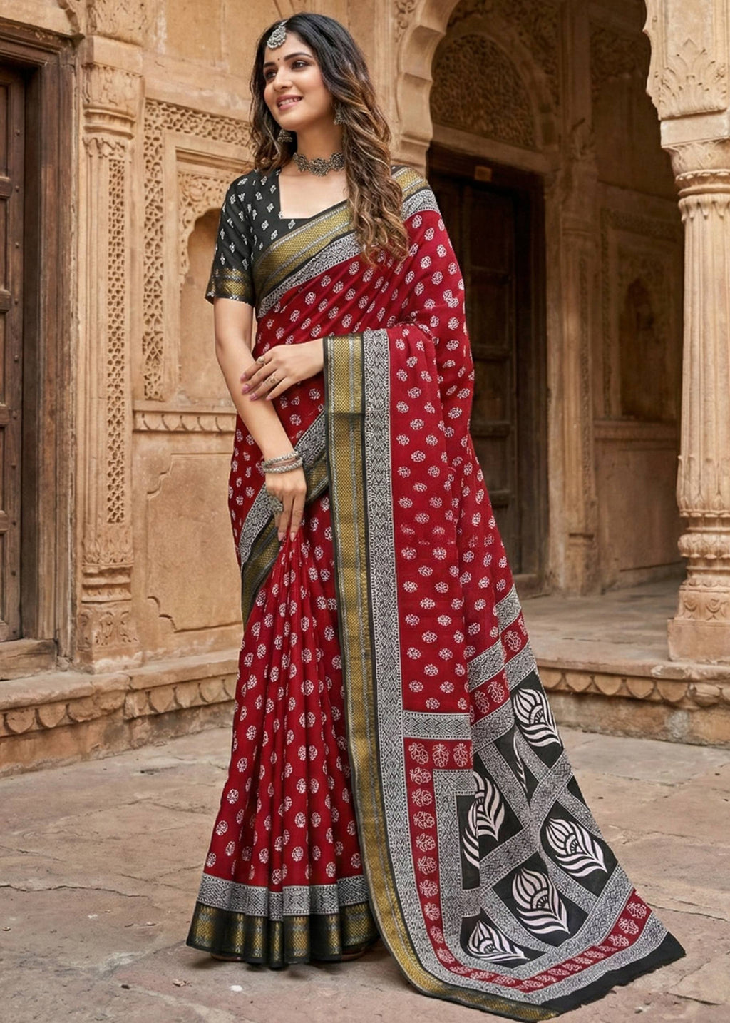 MULMUL COTTON  BAGRU PRINT HEAVY ZARI BORDER RED SAREE WITH BLOUSE
