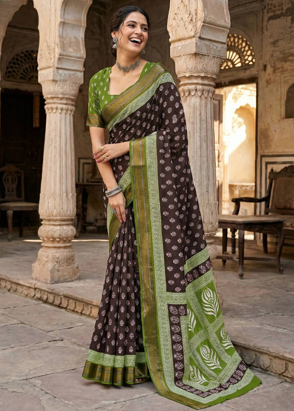 MULMUL COTTON  BAGRU PRINT HEAVY ZARI BORDER MULTICOLOR SAREE WITH BLOUSE