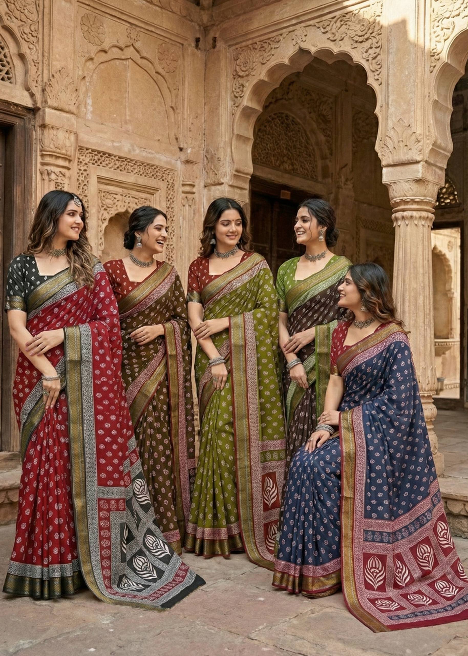 MULMUL COTTON  BAGRU PRINT HEAVY ZARI BORDER MULTICOLOR SAREE WITH BLOUSE