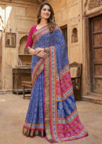 MULMUL COTTON WITH HEAVY ZARI BORDER BAGRU PRINT BLUE SAREE WITH BLOUSE