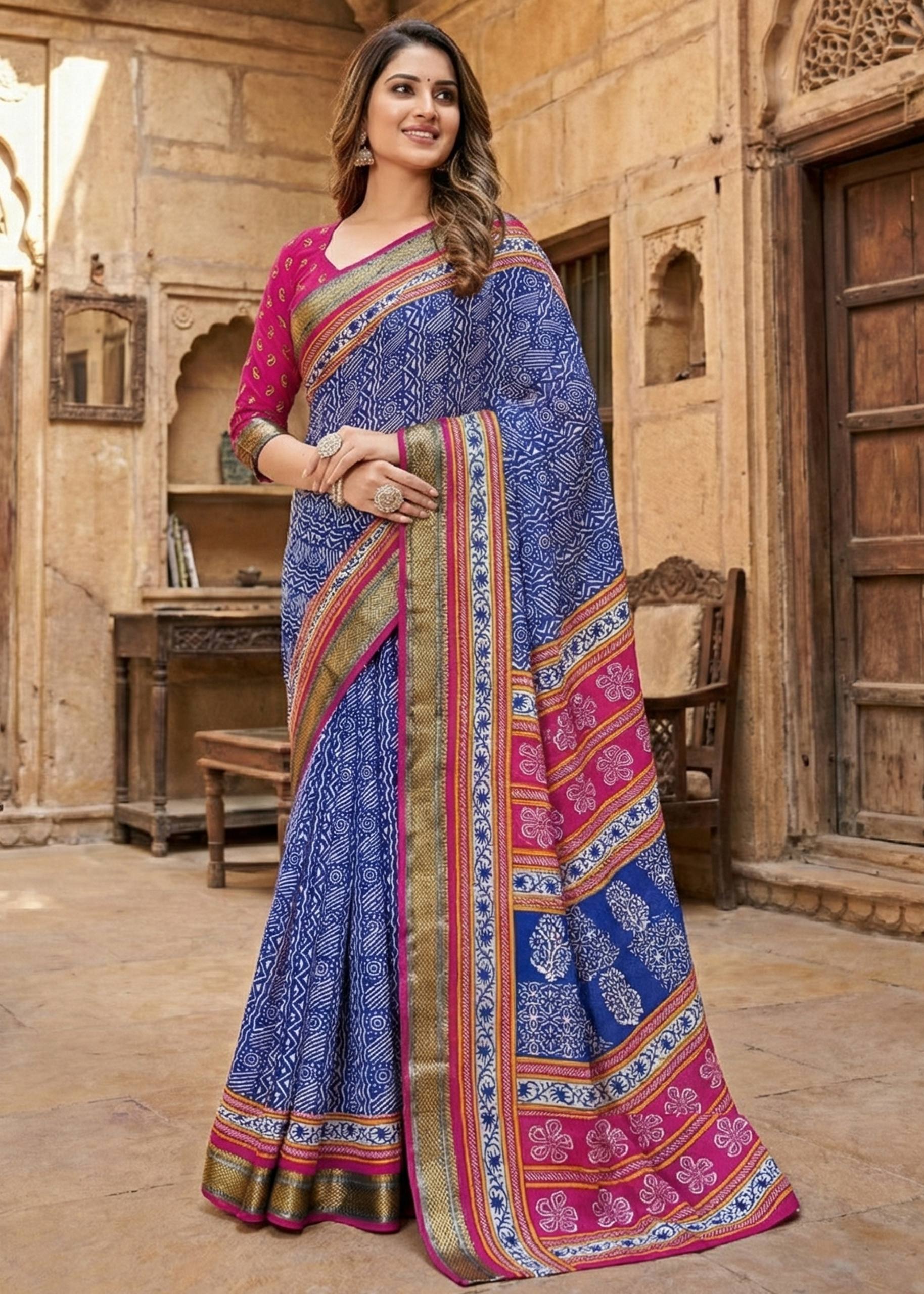 MULMUL COTTON WITH HEAVY ZARI BORDER BAGRU PRINT BLUE SAREE WITH BLOUSE