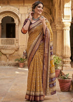 MULMUL COTTON WITH HEAVY ZARI BORDER BAGRU PRINT MUSTURD SAREE WITH BLOUSE