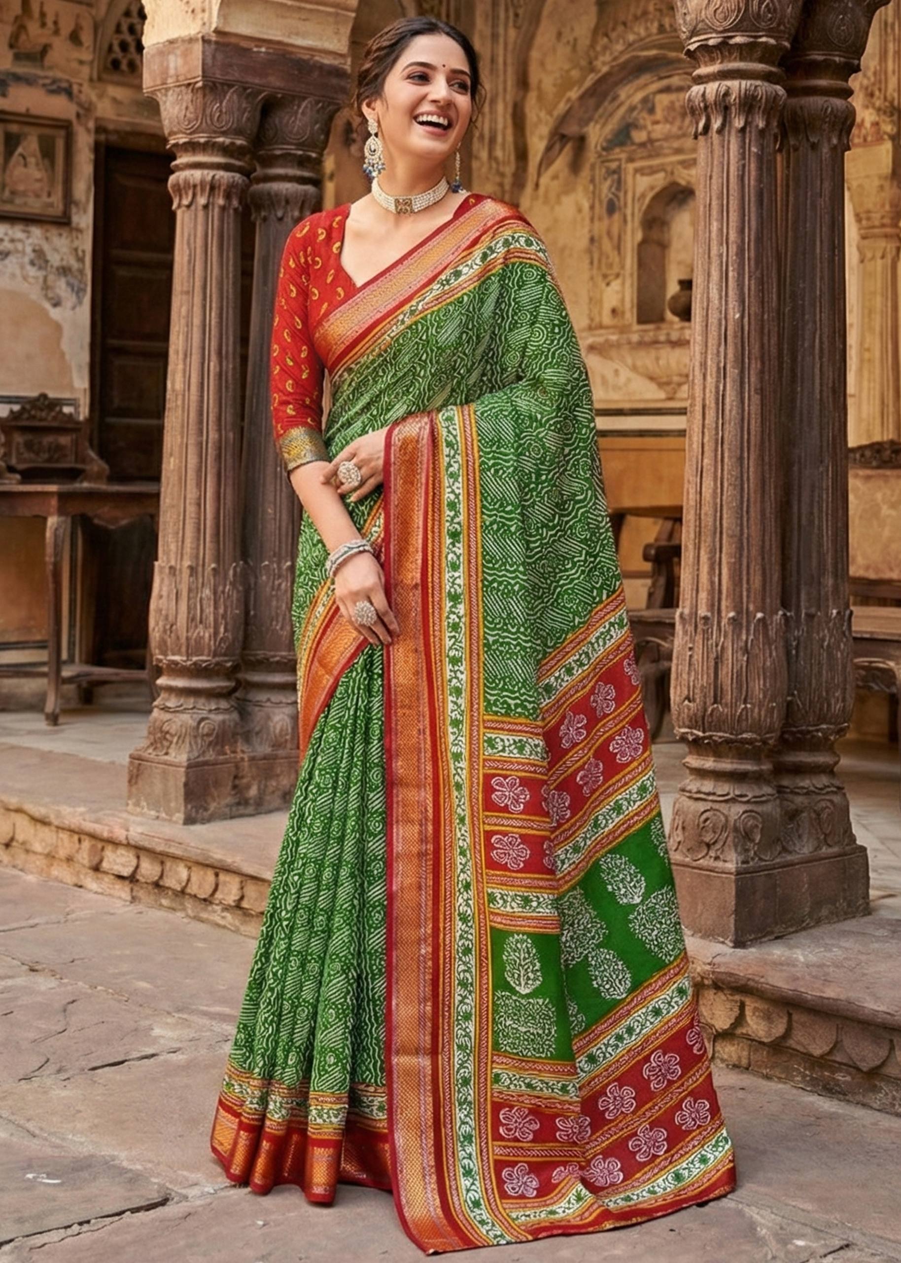 MULMUL COTTON WITH HEAVY ZARI BORDER BAGRU PRINT GREEN SAREE WITH BLOUSE