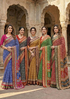 MULMUL COTTON WITH HEAVY ZARI BORDER BAGRU PRINT GREEN SAREE WITH BLOUSE