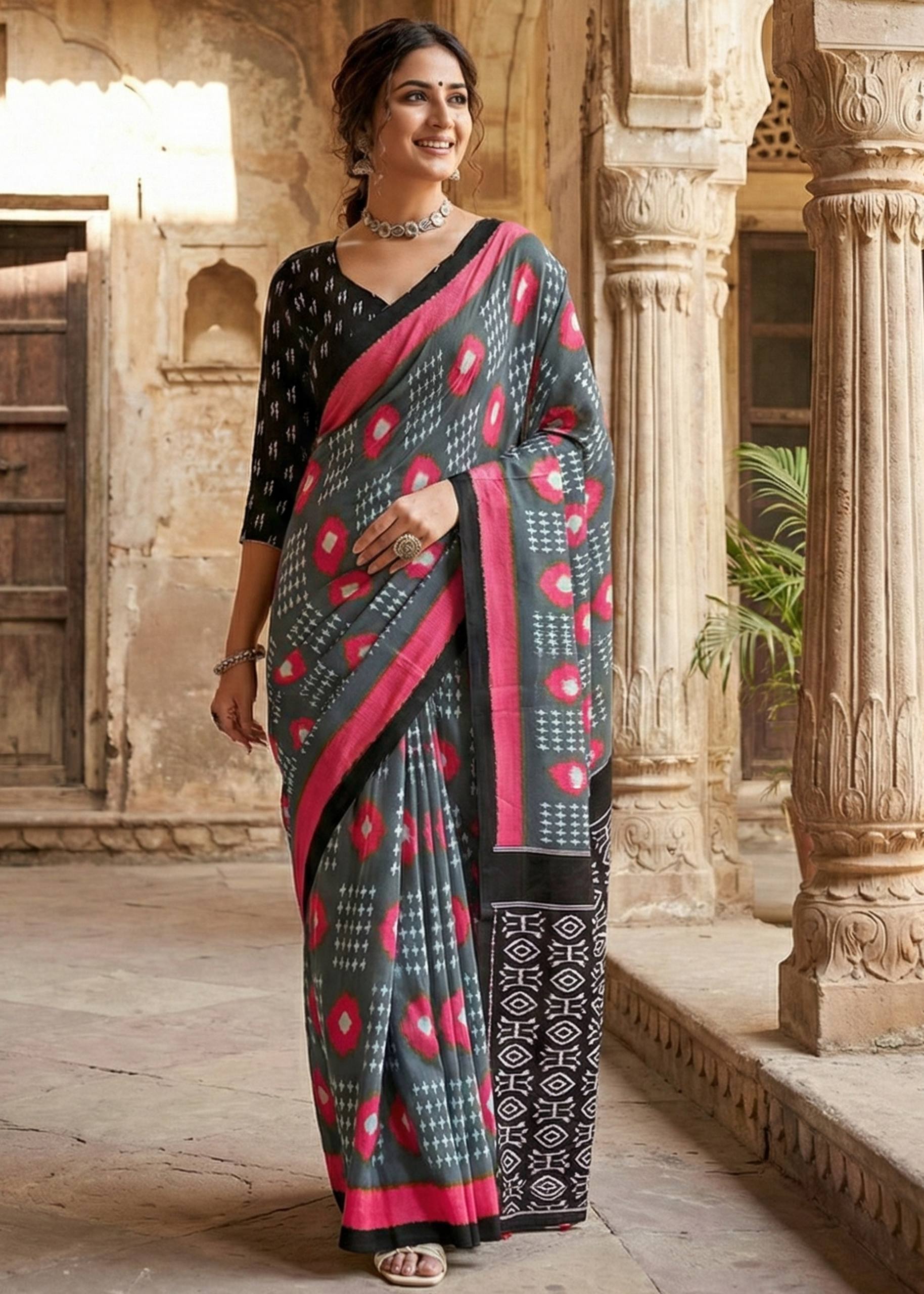 PURE SOFT COTTON CHUNRI BLOCK PRINT GREY SAREE WITH BLOUSE
