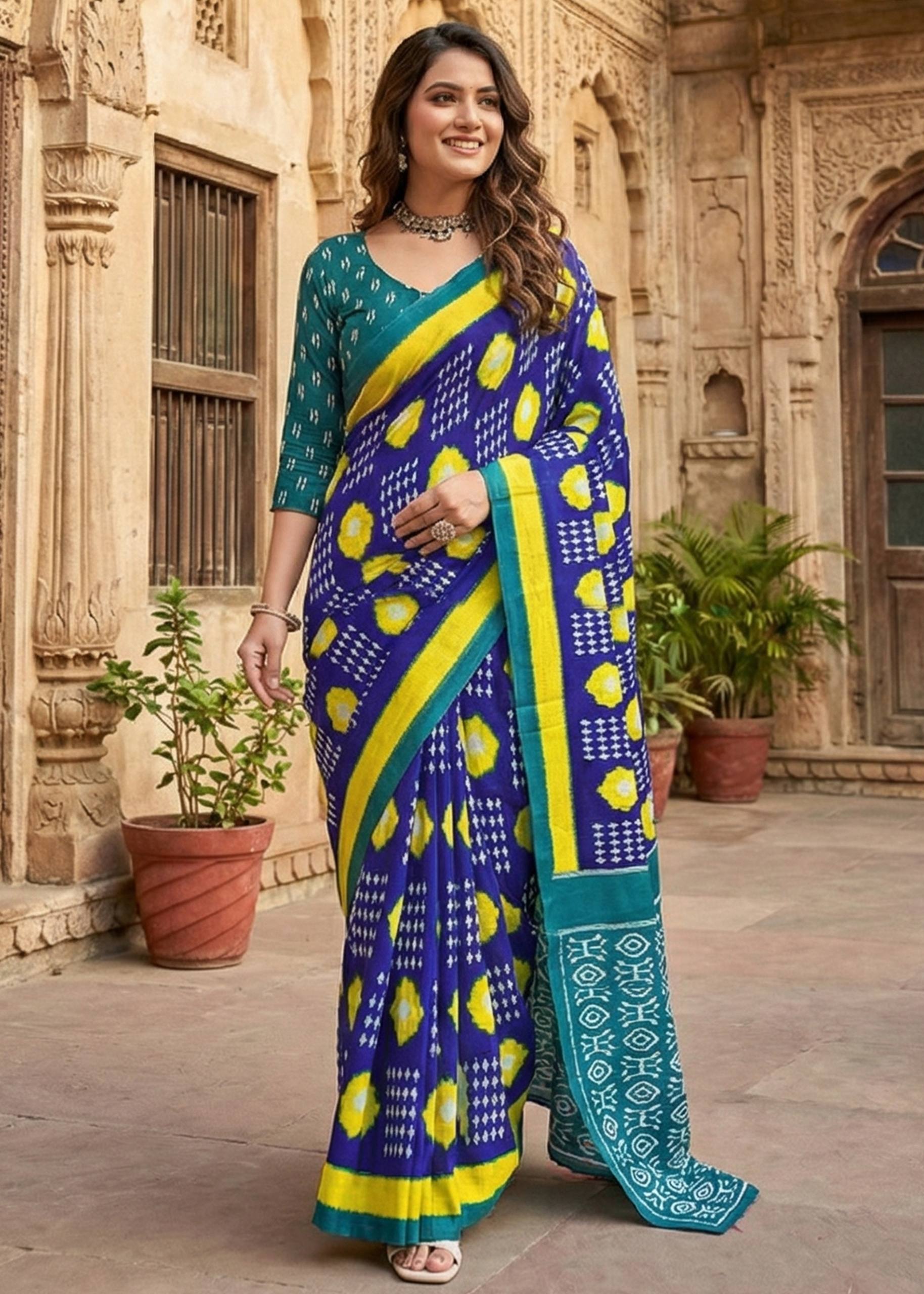 PURE SOFT COTTON CHUNRI BLOCK PRINT BLUE SAREE WITH BLOUSE