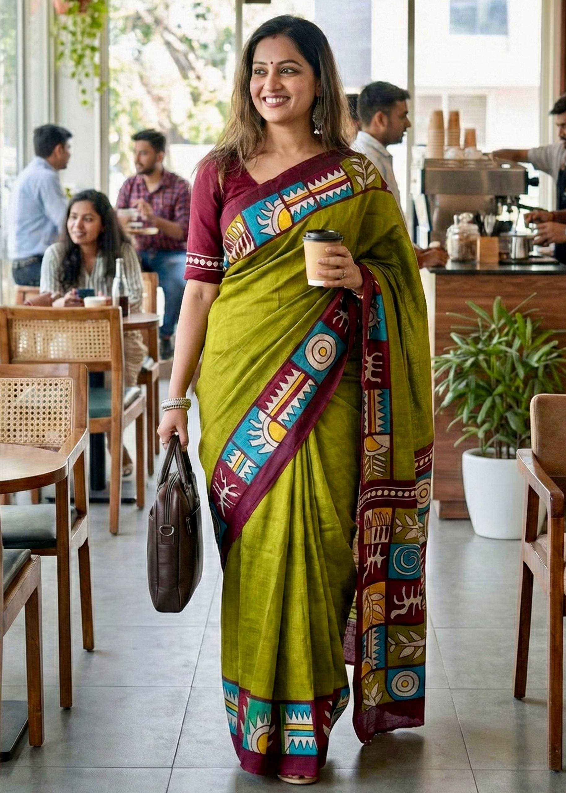 PURE COTTON JAIPURI BAGRU BLOCK PRINT MEHANDI GREEN SAREE WITH BLOUSE