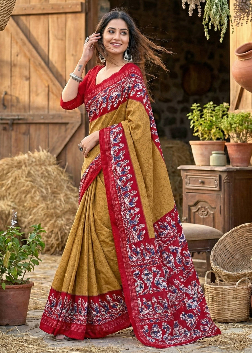 PURE SOFT COTTON BATIK BLOCK PRINT MUSTURD SAREE WITH BLOUSE