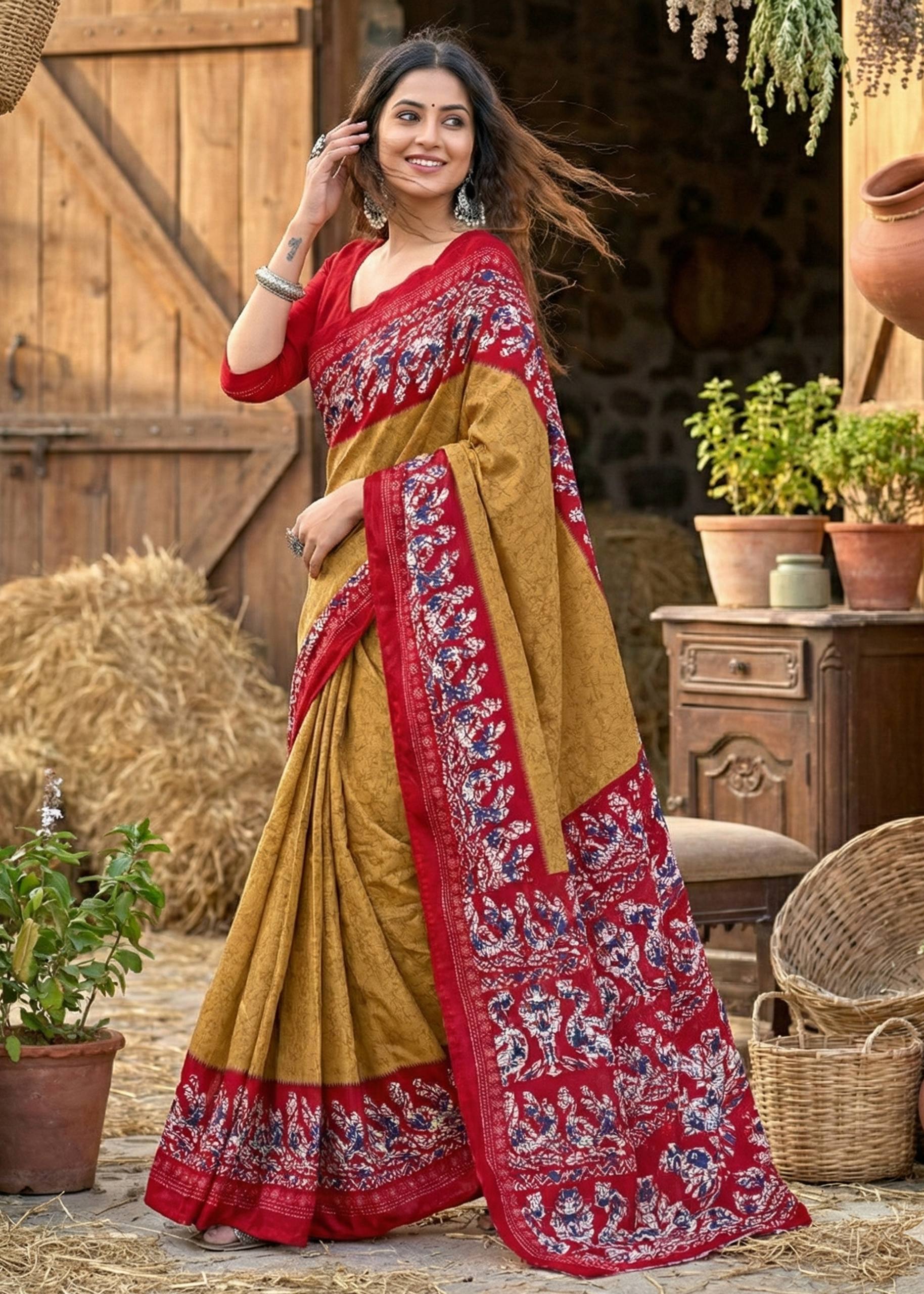 PURE SOFT COTTON BATIK BLOCK PRINT MUSTURD SAREE WITH BLOUSE