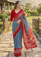 PURE SOFT COTTON BATIK BLOCK PRINT GREY SAREE WITH BLOUSE